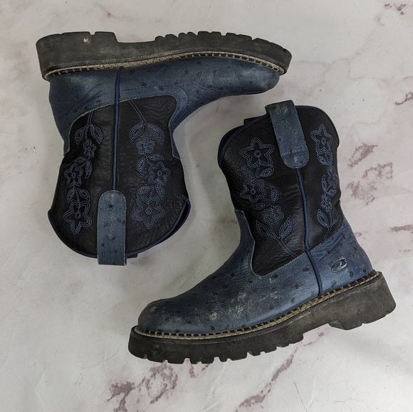 Roper Shoes - Roper Boots Womens 6 Blue Black Ostrich Leather Western Cowboy Floral